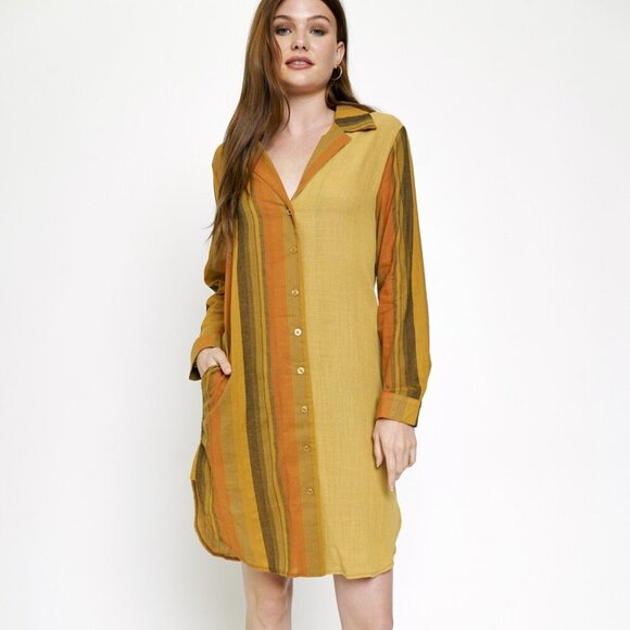 MYSTREE Mustard Rust Striped Button Down Shirt Dress Boho Fall Style - Picture 3 of 7